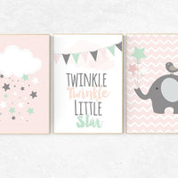 Twinkle twinkle little star, elephant nursery decor, Baby girl nursery decor, coral mint nursery decor, cloud nursery, girls room wall art