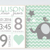 Baby birth stats, Mint nursery decor, elephant nursery, new baby gift, birth announcement, baby birth stats, nursery wall art baby name sign