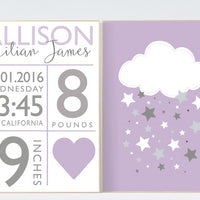 Baby birth stats, purple nursery decor, nursery wall art, cloud nursery art, baby gift ideas, birth announcement, baby name sign wall art