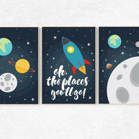 Space nursery decor, oh the places you'll go, outer space nursery wall art, nursery set, space themed nursery kids room decor, boys room