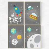 Oh the places you'll go, Space nursery decor, gray nursery decor, grey, outer space nursery wall art, nursery set, grey, kids room decor,