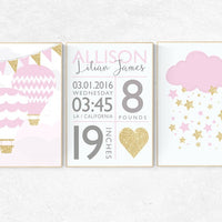 Pink and gold nursery decor, Birth stats wall art, hot air balloon nursery, set of 3, nursery prints, person, pink and gold nursery