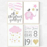 Pink and gold nursery decor, nursery decor girl hot air balloon, nursery decor elephant, nursery decor girl name, birth stats, gold and pink