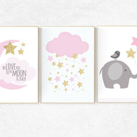 We love you to the moon and back, pink gold nursery, elephant nursery, cloud nursery wall art, pink and gold baby shower, baby girl nursery