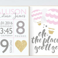 Baby room decor girl gold and pink, oh the places you'll go, hot air balloon nursery pink gold nursery wall decor, birth stats print