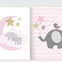 We love you to the moon and back, Elephant nursery decor, pink gold nursery, Baby girl nursery decor, girls room wall art nursery girls room
