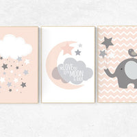 Blush nursery decor, nursery wall art elephant, Coral nursery decor, We love you to the moon and back, nursery wall art girl, blush pink