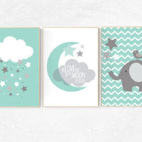 We love you to the moon and back, nursery decor, mint nursery decor, moon nursery, elephant nursery, nursery wall art, baby room wall art