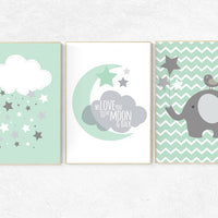 Nursery decor elephant. We love you to the moon and back, mint nursery decor, mint green decor, elephant nursery, teal, gender neutral