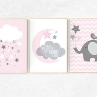 We love you to the moon and back, pink nursery decor, nursery decor, moon nursery, elephant nursery, baby girl nursery wall art, set of 3