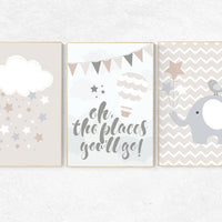 Oh the places you'll go, gender neutral nursery, beige and cream, elephant Nursery, Nursery Decor, Gray Beige gender neutral baby shower
