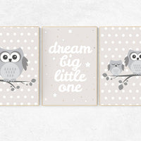 Nursery decor neutral, nursery wall art neutral, owl nursery print, nursery art quote, owls, baby room wall art, dream big little one