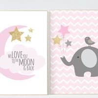 We love you to the moon and back, Elephant nursery decor, pink gold nursery, Baby girl nursery decor, girls room wall art baby girl nursery