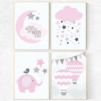 We love you to the moon and back, Baby girl nursery, Pink gray nursery, pink and silver baby shower, birth stats wall art, elephant nursery