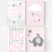 Pink nursery decor, Dream Big little one, nursery wall art girl, nursery decor girl elephant, dream big little one, cloud and stars
