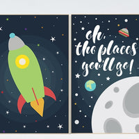 Oh the places you'll go, outer space nursery wall art, navy space nursery decor, baby boy, moon print, playroom decor, kids room, space art