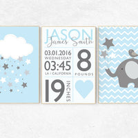 Nursery decor boys elephant, blue and gray nursery, nursery wall art boy, nursery wall art elephant, nursery prints elephant, birth stats