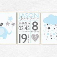 Baby birth stats, nursery, baby boy nursery, baby name wall art, elephant nursery decor, cloud nursery, birth stat elephant, birth stats