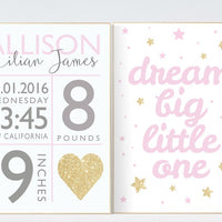Nursery decor pink and gold, Dream Big Little One, pink gold nursery wall art, nursery decor girl name, girls room decor, nursery girl name