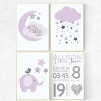 Baby girl nursery, purple gray nursery, baby birth stats, purple and silver baby shower, birth stats wall art elephant nursery cloud nursery