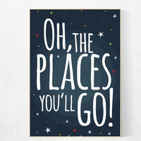 Oh the places you'll go, outer space nursery wall art, navy space nursery decor, baby boy, moon print, playroom decor, kids room, space art