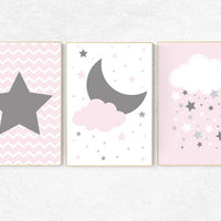 Pink Gray Nursery Art, Baby Girl Nursery Decor, Nursery Print, Baby Girl Pink Nursery Art, set of 3, Baby Girl Wall Art, cloud nursery print