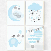 Nursery decor boy hot air balloon, nursery decor boy elephant, We love you to the moon and back, Blue gray nursery, blue and silver nursery