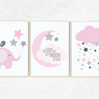 We love you to the moon and back, baby girl nursery wall art, pink silver nursery decor, baby girl, pink silver, elephant nursery baby gift