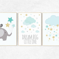 Nursery decor mint, elephant nursery, mint and gold nursery wall art, dream big little one, cloud nursery, nursery decor neutral, twins