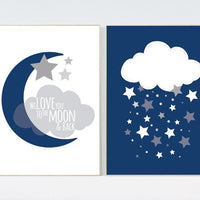 We love you to the moon and back, Navy nursery decor, Navy Gray, royal blue, baby boy nursery, boys room, baby shower, navy nursery art