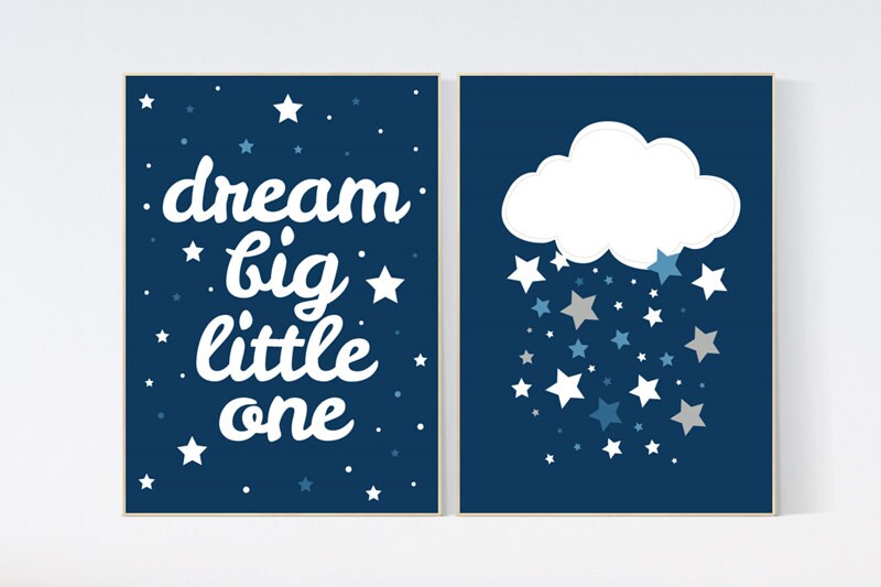 Navy nursery decor, Dream Big Little One, cloud Nursery, Navy Gray, royal blue, baby boy nursery,  boys room, baby shower, navy nursery art