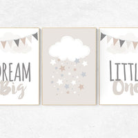Dream Big Little One, gender neutral nursery, beige and cream, cloud Nursery, Nursery Decor, Gray Beige gender neutral baby shower