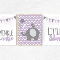 Twinkle Twinkle Little Star, Purple nursery decor, elephant nursery, baby girl nursery wall art, new baby gift, purple gray nursery Purple