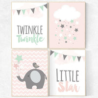 Twinkle Twinkle Little Star, Baby girl nursery decor, coral mint nursery decor, cloud nursery girls room wall art pink nursery coral nursery