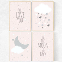 Pink nursery art, We love you to the moon and back, star nursery decor, nursery decor, pale pink, moon nursery, baby girl nursery wall art