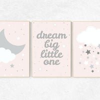 Blush nursery decor, dream big little one, moon, cloud, stars, pale pink, girl nursery wall art, girl nursery room ideas, set of 3 prints