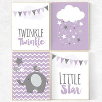 Twinkle Twinkle Little Star, Purple nursery decor, elephant nursery, baby girl nursery wall art, new baby gift, purple gray nursery Purple