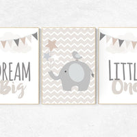 Dream Big Little One, gender neutral nursery, beige and cream, elephant Nursery, Nursery Decor, Gray Beige gender neutral baby shower