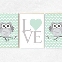 Gender neutral nursery decor, mint nursery decor, owl nursery wall art, mint gray, owl room decor, owl nursery owl nursery wall art new baby
