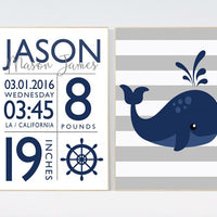 Nautical nursery prints, navy nursery decor, baby birth stats, Nautical decor, whale nursery decor, set of 2, name sign, Birth announcement