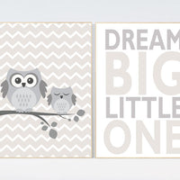 Gender neutral nursery, dream big little one, beige and cream, Nursery Decor, Gray Beige, nursery prints, Owl nursery wall art nursery decor