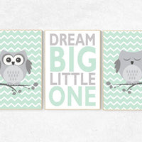 Mint nursery decor, dream big little one, Owl nursery wall art, baby room decor, mint gray, gender neutral nursery decor, owl nursery decor