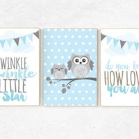 Twinkle Twinkle Little Star, owl nursery art, Baby boy nursery decor, Blue gray nursery, boys room wall art, baby room prints, set of 3, owl