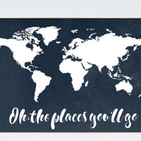 Navy World Map print, oh the places you'll go, Nursery print, Kid's Room Decor, Children's playroom, toddler navy baby wall art, world map