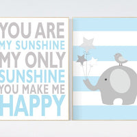 Blue nursery decor, you are my sunshine nursery, elephant nursery, baby boy nursery, blue gray nursery, nursery wall art, nursery room boy
