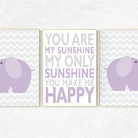Purple grey nursery decor, You are my sunshine my only sunshine, Baby girl nursery decor, lilac nursery decor, elephant nursery, lavender