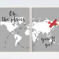 Oh the places you'll go, gray nursery decor, travel nursery decor, World Map wall art, world map nursery, navy gray nursery, grey nursery