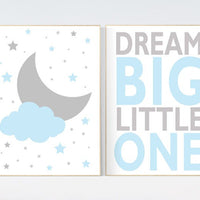 Blue nursery decor, Dream Big Little One Art Print, baby boy nursery, blue gray nursery decor, nursery wall art, clouds, nursery room boy