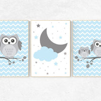 Twinkle Twinkle Little Star, owl nursery art, Baby boy nursery decor, Blue gray nursery, boys room wall art, baby room prints, set of 3, owl