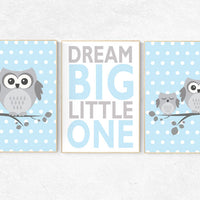 Owl nursery art, Dream Big Little One, Baby boy nursery decor, Blue gray nursery, boys room wall art, baby room prints, set of 3, boys room